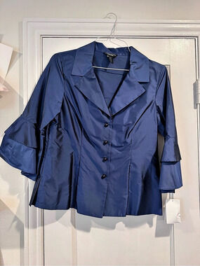 Doncaster Collection Silk Ruffle Sleeve Blazer in Blue Size 10M NWT